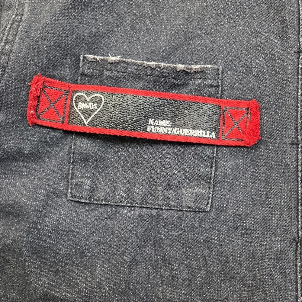 Custom Distressed Black Denim Jacket Black‎ Dog Graphic Grunge Streetwear Size L